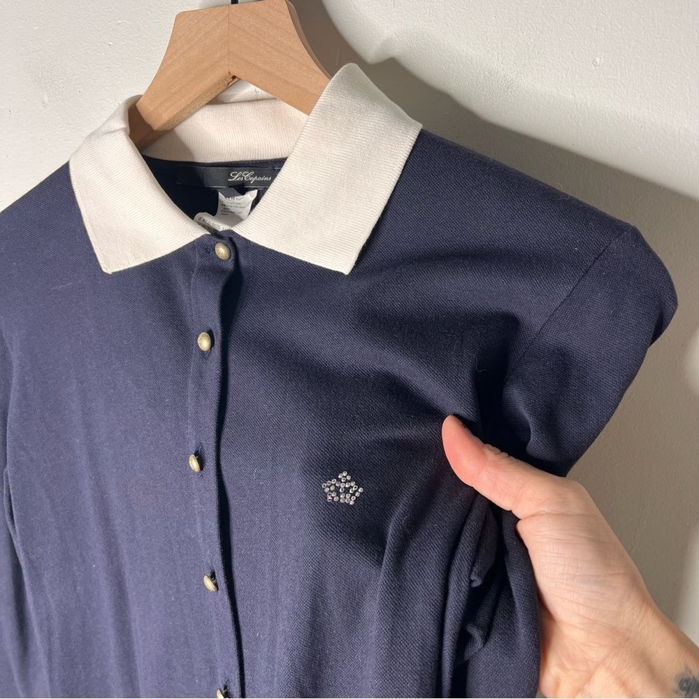 Les Copains Navy Button Down Sweater with White Collar Cardigan Top size 44 prep - Picture 3 of 8